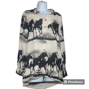 Bella Sky Blouse, Women S, Cream w/ Horses Print, Oversized Button Front, EUC